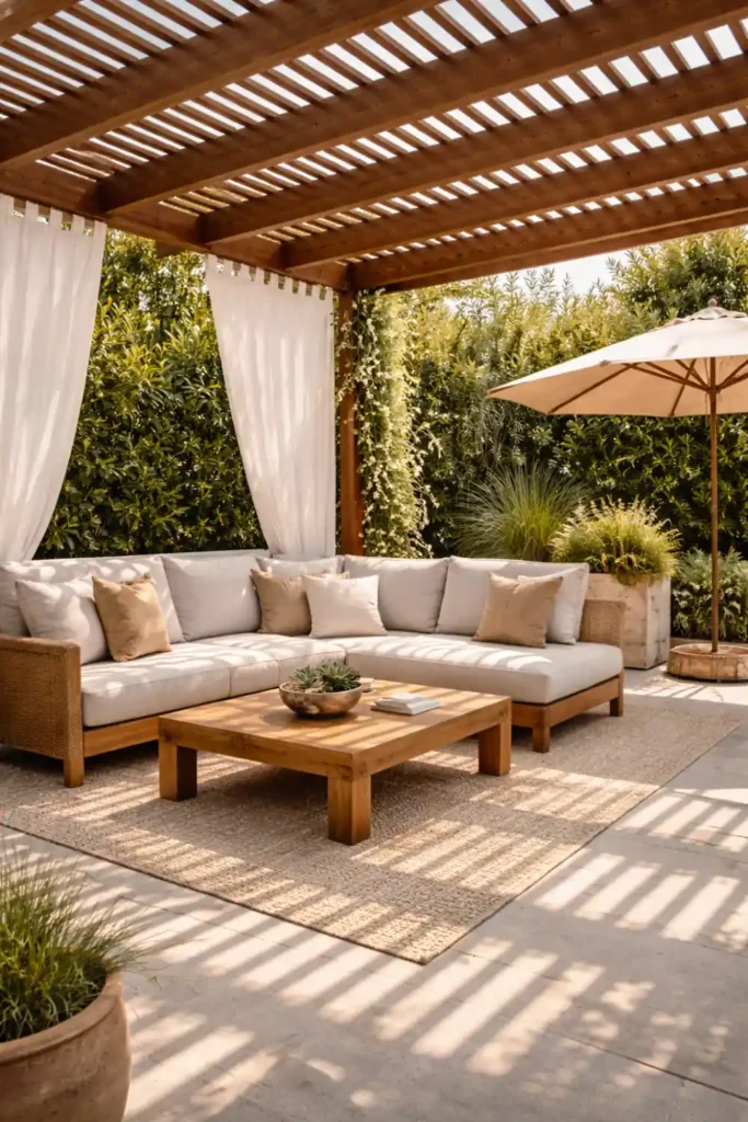 12 Stunning Outdoor Design Trends for Summer 9 Modern pergola with structured shade highlighting outdoor design trends