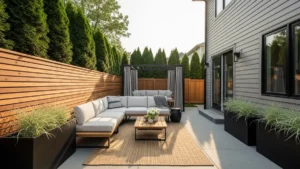 Layered backyard privacy ideas with wood slat screen, pergola curtains, and lush hedges