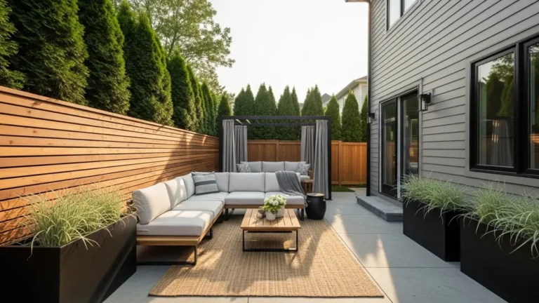 Layered backyard privacy ideas with wood slat screen, pergola curtains, and lush hedges