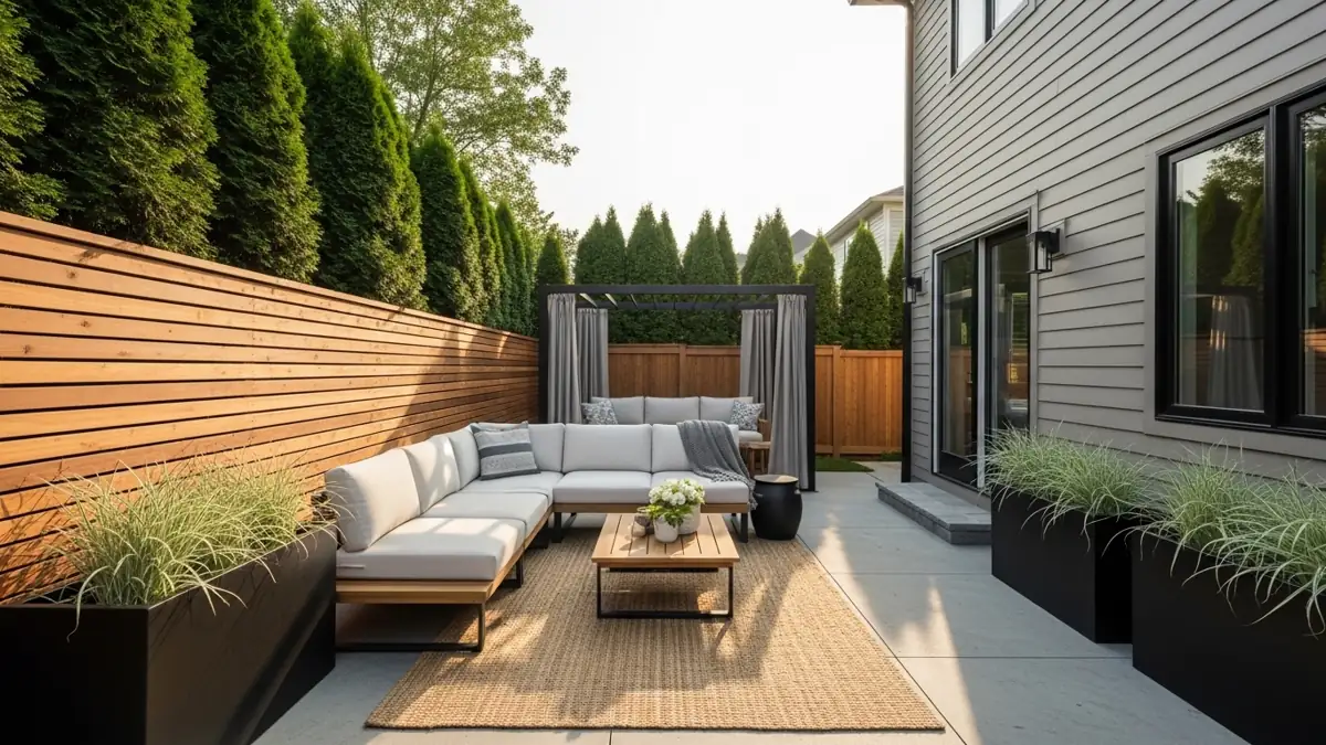 14 Smart Backyard Privacy Ideas for a Stylish Yard 1 Layered backyard privacy ideas with wood slat screen, pergola curtains, and lush hedges