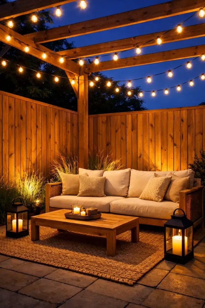 14 Smart Backyard Privacy Ideas for a Stylish Yard 14 Backyard privacy ideas with wood panels and glowing string lights at dusk