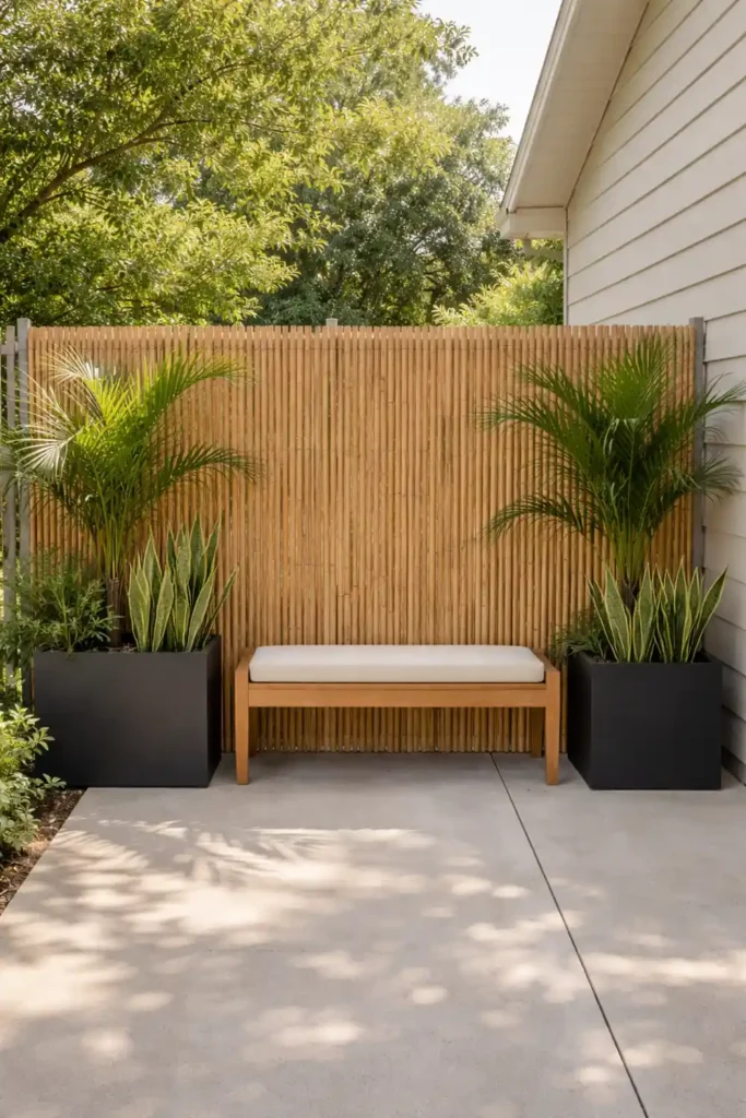 14 Smart Backyard Privacy Ideas for a Stylish Yard 6 Affordable bamboo fencing used for backyard privacy over chain-link fence