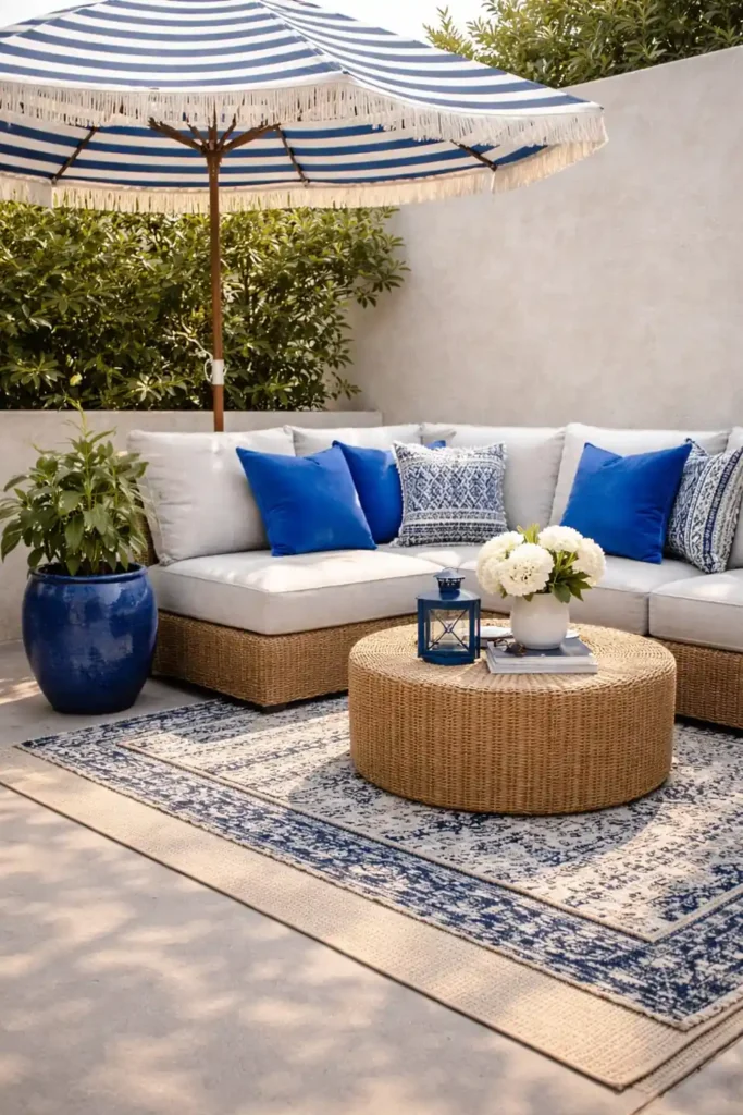 12 Stunning Outdoor Design Trends for Summer 5 Neutral patio with bold cobalt accents showcasing outdoor design trends