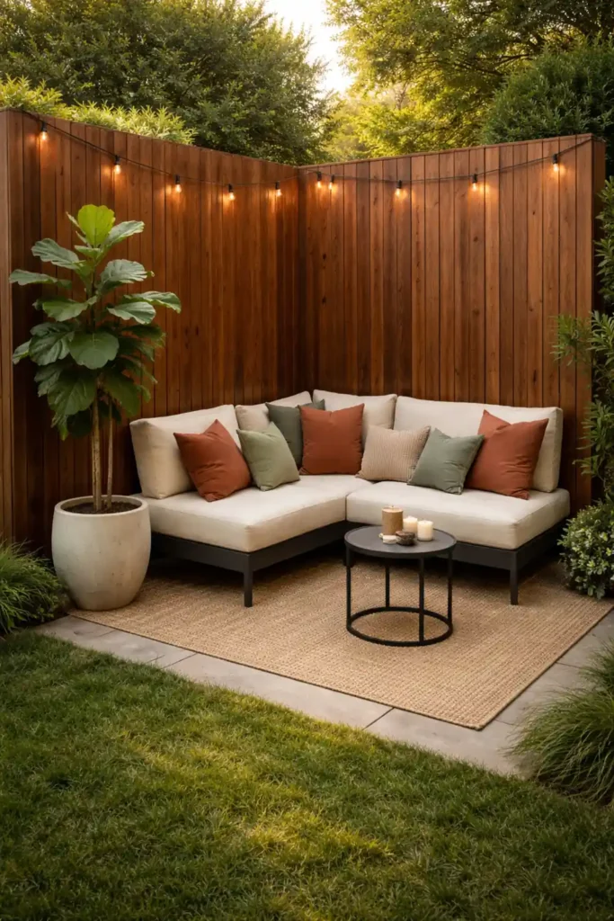 14 Smart Backyard Privacy Ideas for a Stylish Yard 9 Small backyard privacy ideas featuring a cozy corner nook with wood panels