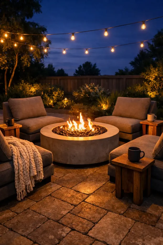 12 Stunning Outdoor Design Trends for Summer 11 Outdoor design trend featuring cozy fire pit with lounge chairs at dusk