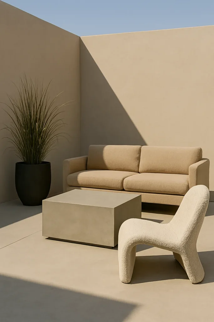 12 Stunning Outdoor Design Trends for Summer 4 Desert minimalist outdoor design trend with sculptural chair and concrete table