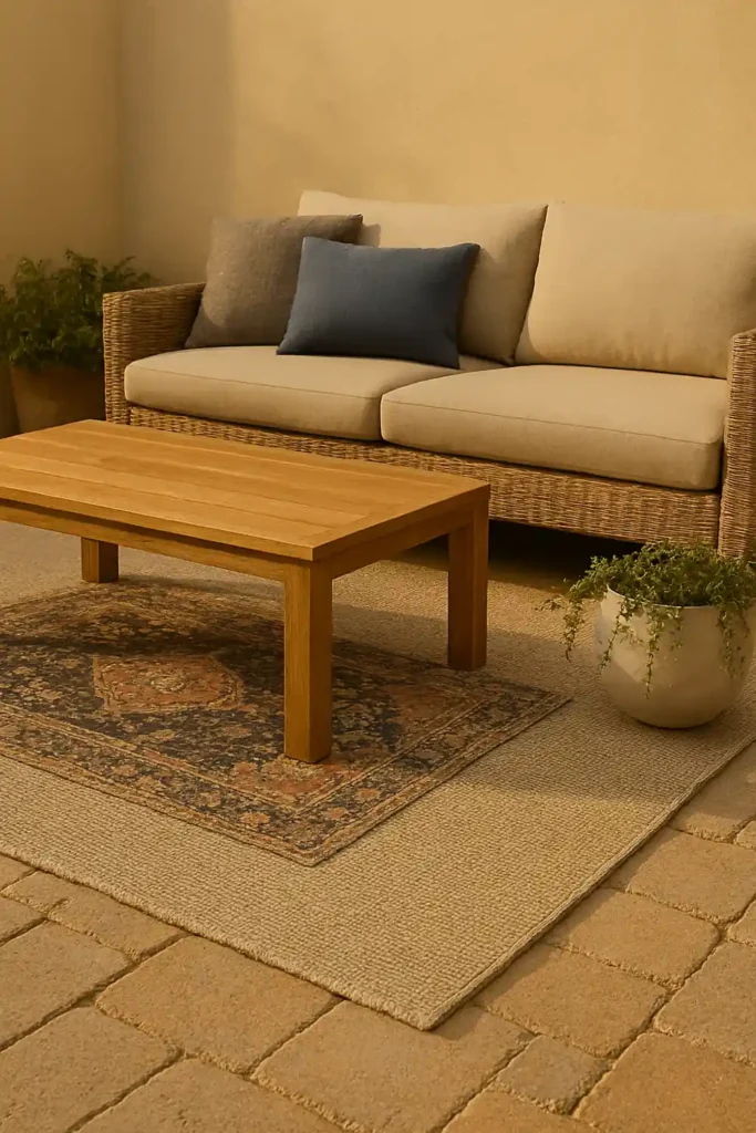 12 Stunning Outdoor Design Trends for Summer 8 Layered outdoor rugs under patio seating showcasing depth and texture