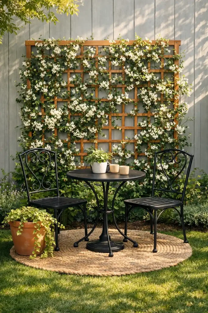 14 Smart Backyard Privacy Ideas for a Stylish Yard 11 Wood trellis with climbing jasmine vines for natural backyard privacy