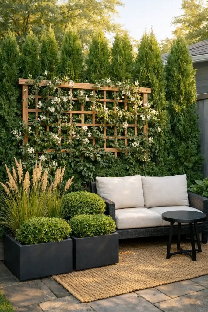 14 Smart Backyard Privacy Ideas for a Stylish Yard 2 Lush green backyard privacy wall with hedges, trellis vines, and modern planters