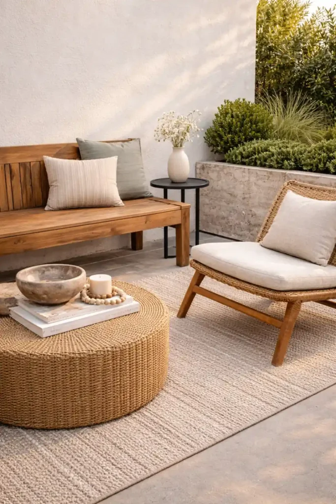 12 Stunning Outdoor Design Trends for Summer 7 Mixed material outdoor design trend with teak bench, black metal table, and travertine planter