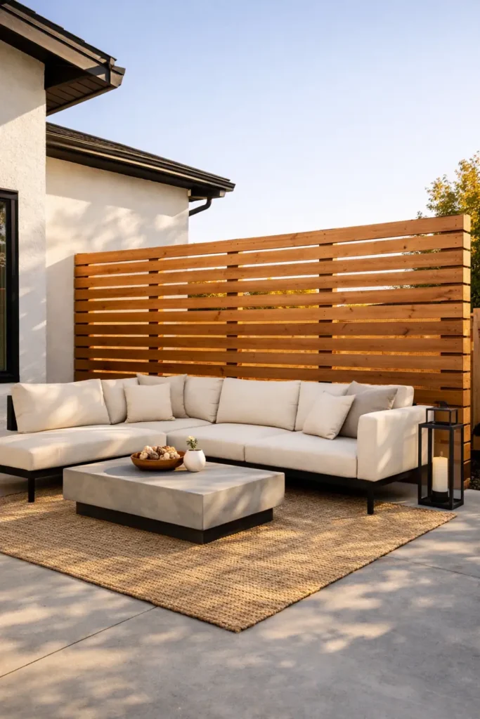 14 Smart Backyard Privacy Ideas for a Stylish Yard 3 Modern backyard privacy ideas with horizontal cedar slat screen and neutral patio furniture