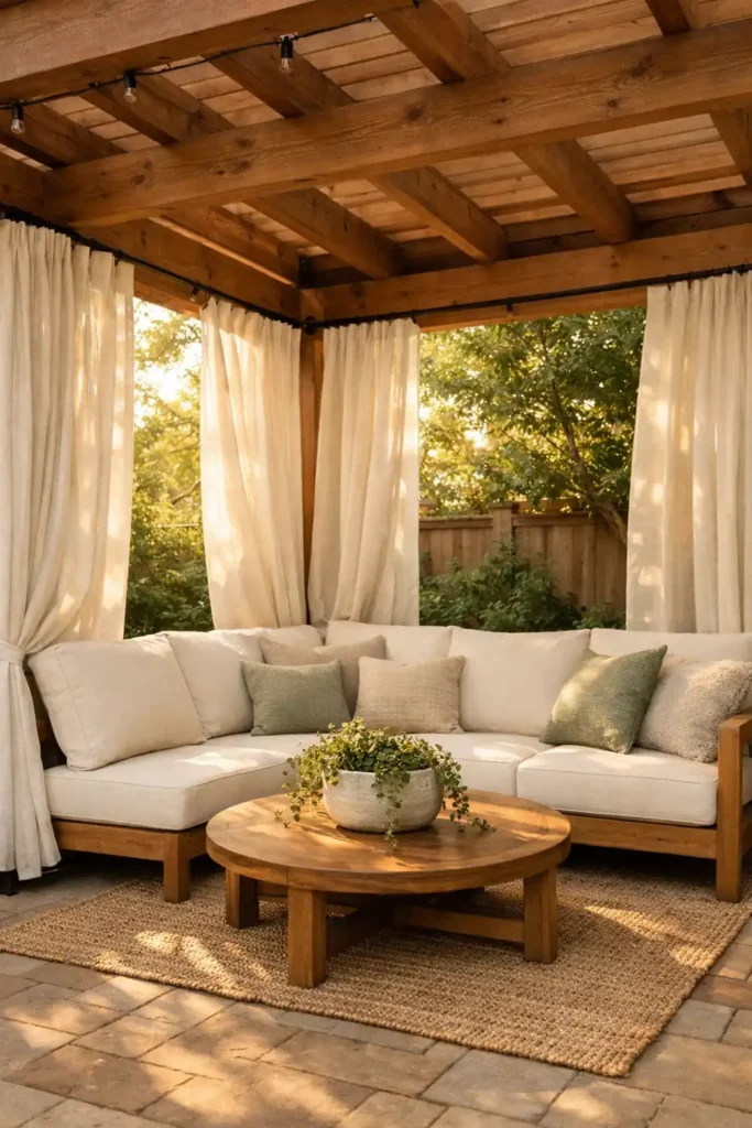 14 Smart Backyard Privacy Ideas for a Stylish Yard 4 Outdoor curtain backyard privacy ideas with pergola and neutral seating area