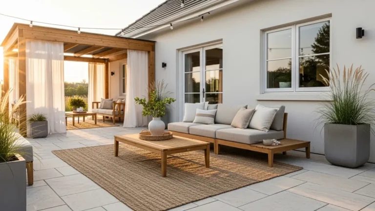 12 Stunning Outdoor Design Trends for Summer 1 Modern outdoor design trends patio with beige sectional, teak table, pergola and layered lighting