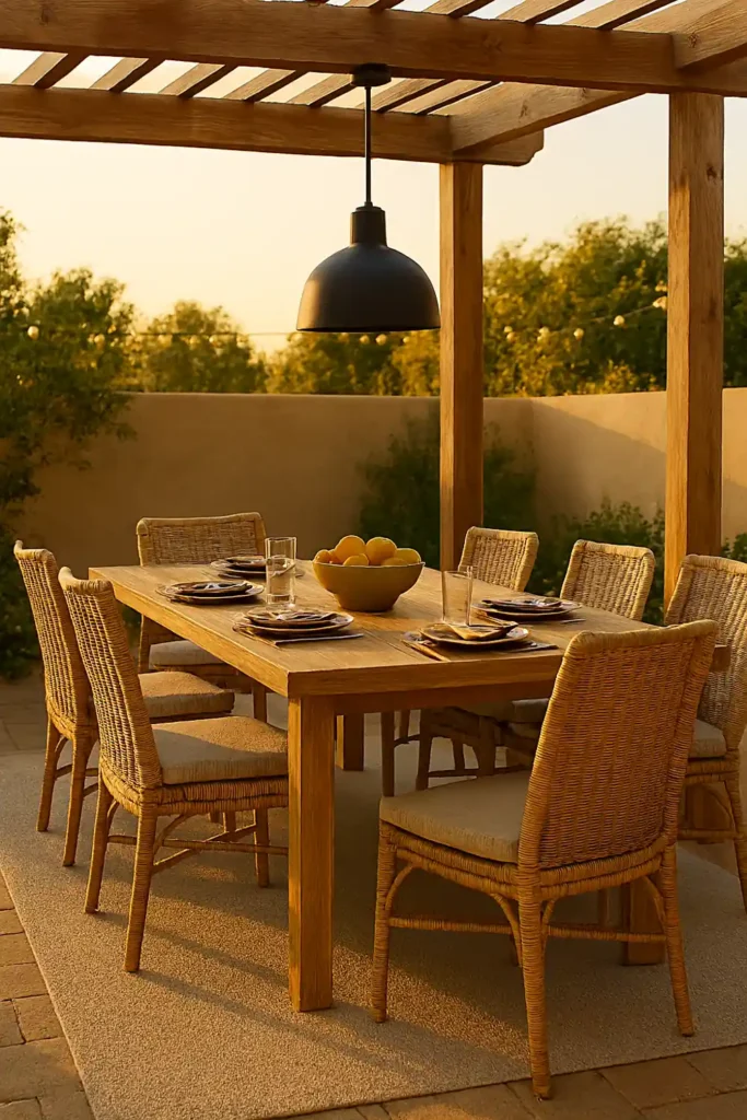 12 Stunning Outdoor Design Trends for Summer 6 Outdoor dining design trend with oak table, woven chairs, and pendant lighting