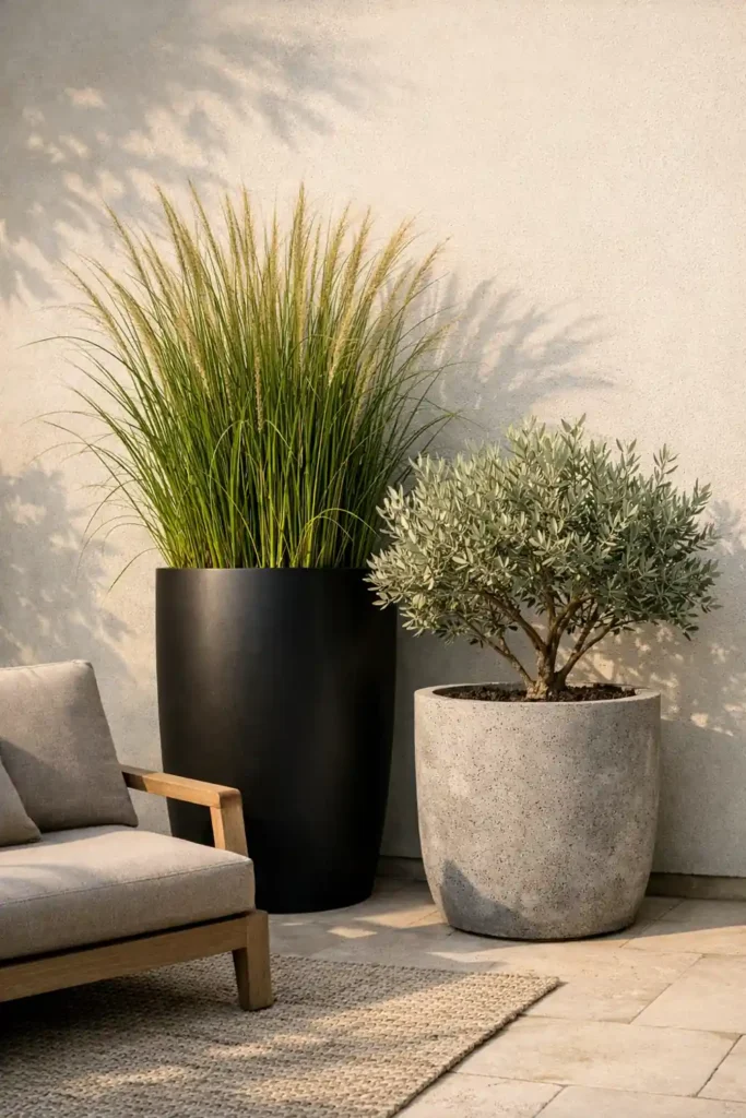 12 Stunning Outdoor Design Trends for Summer 10 Outdoor design trend with oversized concrete planters and tall grasses
