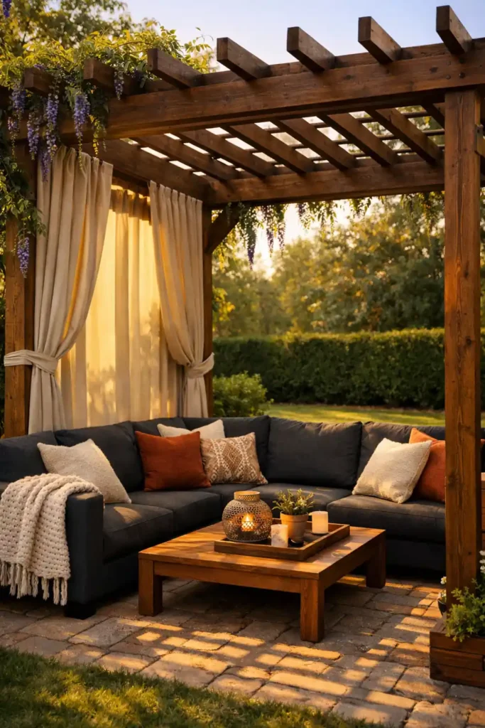 14 Smart Backyard Privacy Ideas for a Stylish Yard 5 Wood pergola with canopy panels creating stylish backyard privacy