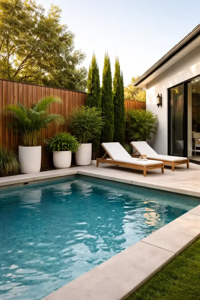 14 Smart Backyard Privacy Ideas for a Stylish Yard 13 Poolside backyard privacy ideas with tall cedar panels and tropical planters