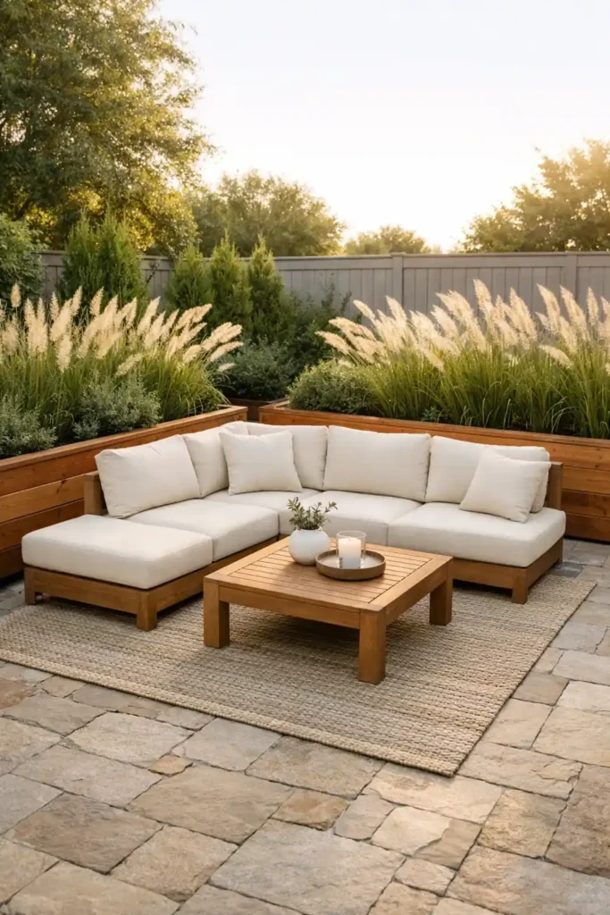 14 Smart Backyard Privacy Ideas for a Stylish Yard 8 Raised cedar planter boxes creating backyard privacy with tall grasses