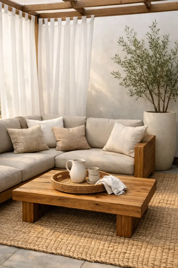 12 Stunning Outdoor Design Trends for Summer 2 Resort-inspired outdoor lounge with neutral sectional, teak table, and sheer curtains