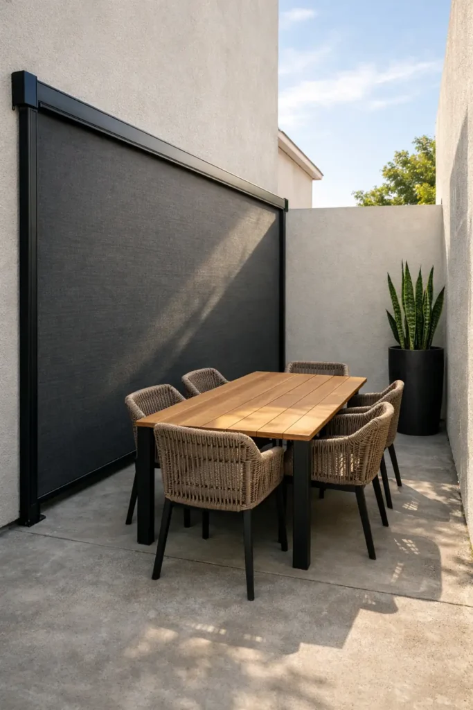 14 Smart Backyard Privacy Ideas for a Stylish Yard 10 Retractable screen used for modern backyard privacy on narrow patio