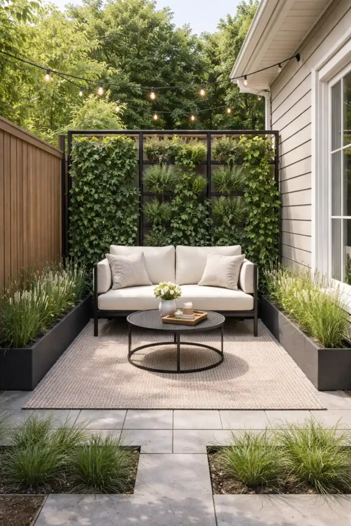 14 Smart Backyard Privacy Ideas for a Stylish Yard 12 Small backyard privacy ideas with vertical garden wall and compact seating