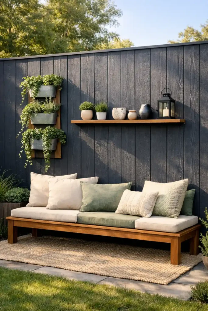 14 Smart Backyard Privacy Ideas for a Stylish Yard 15 Styled wood fence with planters and bench for backyard privacy ideas