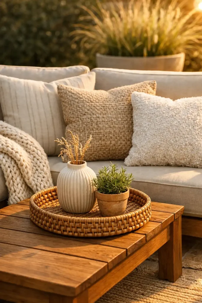 12 Stunning Outdoor Design Trends for Summer 13 Outdoor design trend showcasing layered textured pillows and woven decor