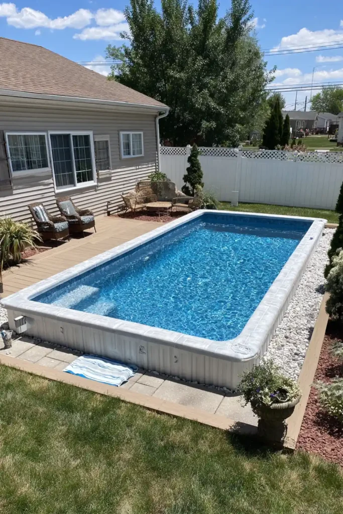 Semi in-ground backyard pool with sparkling water and light wood deck area