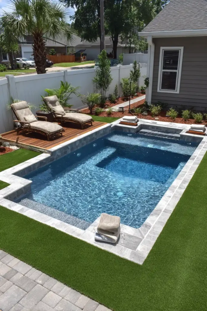 Rectangular semi in-ground pool with deep blue grotto liner and small wooden deck in backyard

15×24 Semi In-Ground Pool Layout for Compact Backyard Spaces