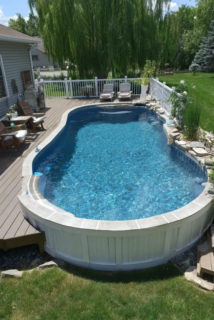 Large semi in-ground pool with deep blue grotto liner and small corner deck in backyard

15×24 Semi In-Ground Pool with Bimini Isle Liner and Marine Sparkle Bottom
