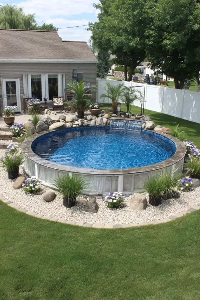 Small round semi in-ground pool with deep blue water and stone border