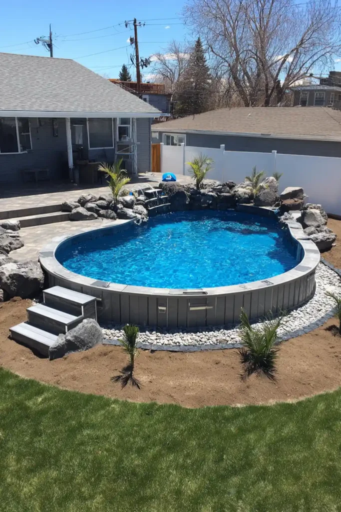 Round semi in-ground backyard pool with grass lawn and simple wooden entry platform