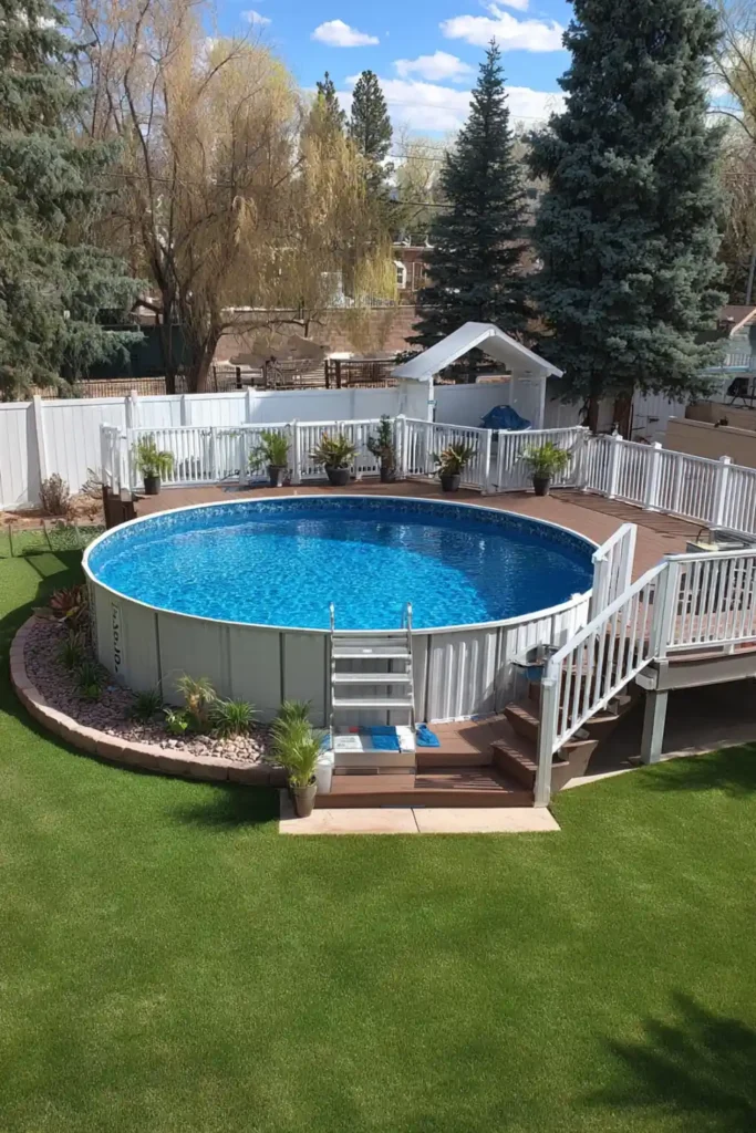 Large round semi in-ground pool centered in a grassy backyard