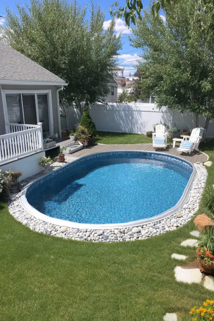 Round semi in-ground pool with pebble liner and lounge chairs in backyard
