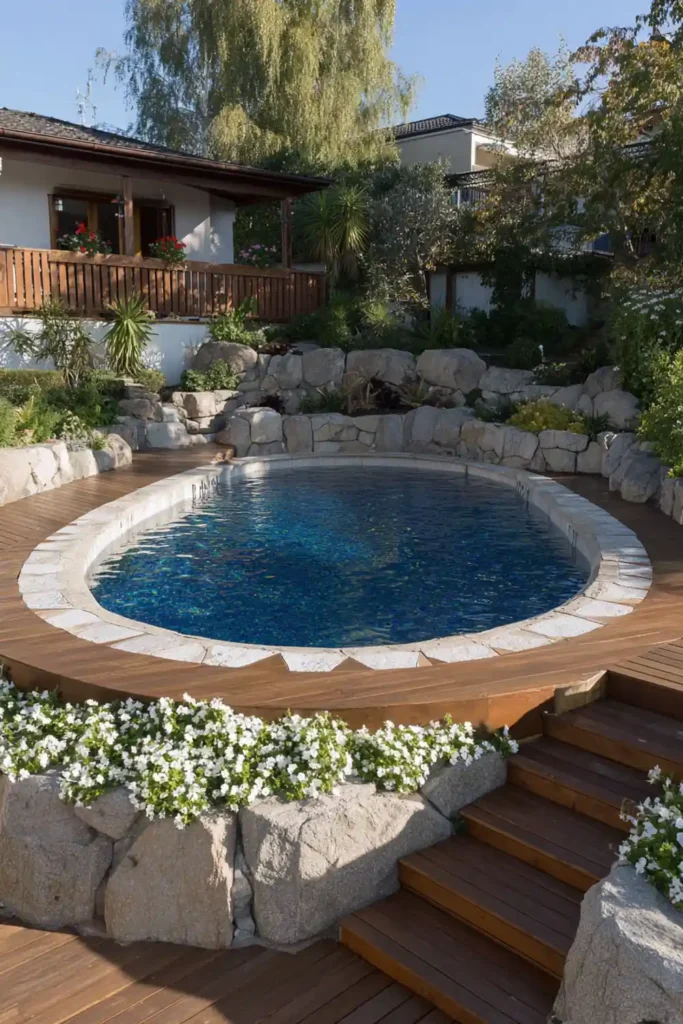 Above Ground Pool Retaining Wall Ideas That Make Your Backyard Feel Finished 12 Above ground pool designed with raised decking and retaining wall to resemble an in-ground pool