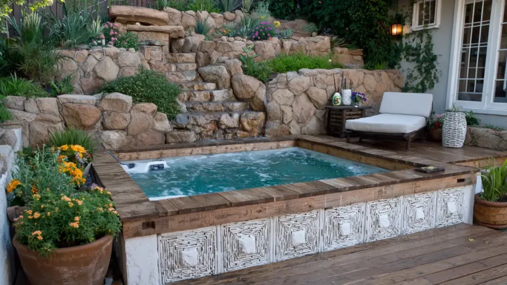 Above Ground Pool Retaining Wall Ideas That Make Your Backyard Feel Finished 13 Comfortable backyard above ground pool area with retaining wall, deck seating, and soft landscaping