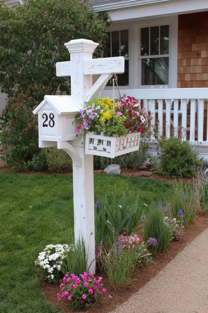 house address post with a hanging planter in a front yard