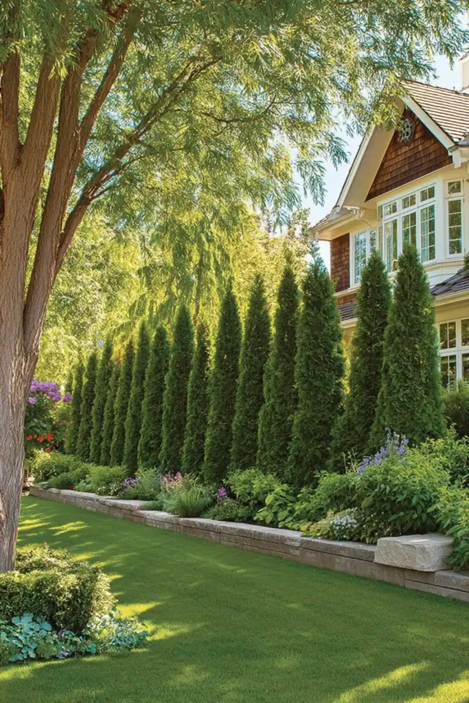 row of arborvitae trees creating a natural backyard privacy fence