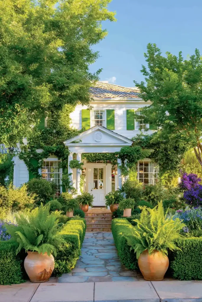 front yard landscaping designed to match the architecture of a white house with trimmed hedges and potted ferns