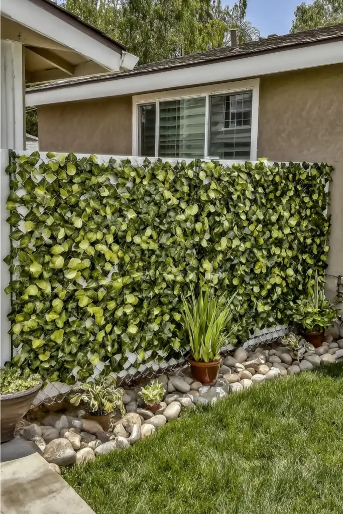 33 Privacy Fence Ideas That Make Your Yard Feel More Peaceful 10 Chain link fence covered with artificial ivy hedge panels creating a green privacy wall