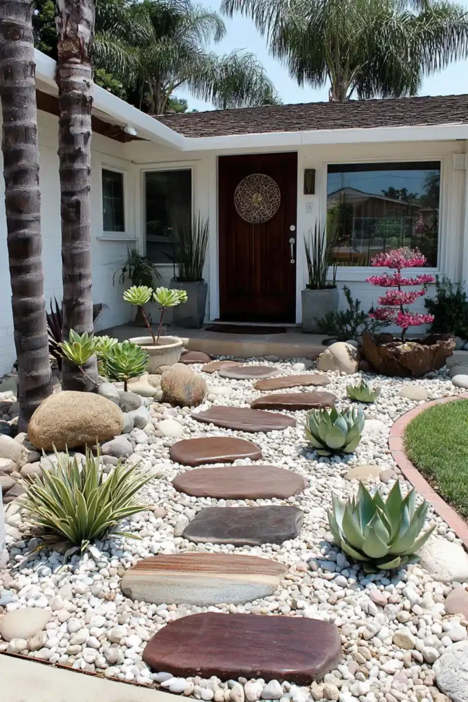 minimal front yard with stones and simple plants in an Asian-inspired layout