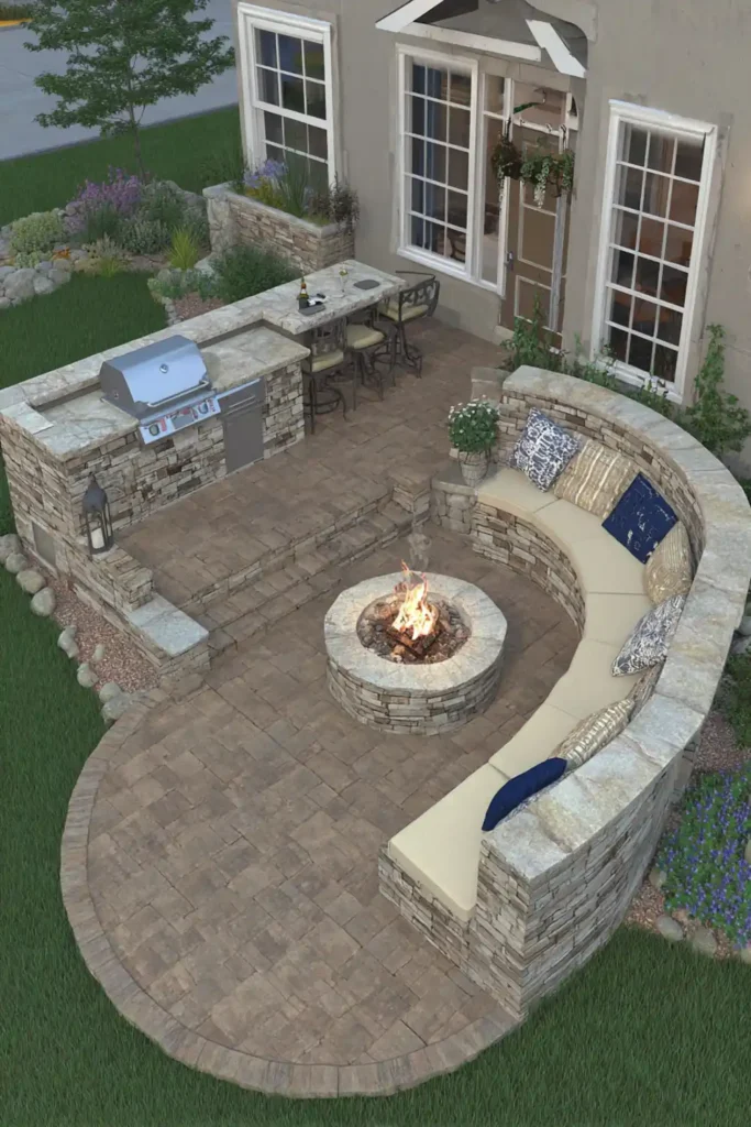 Smart Small Patio Designs That Enhance Space and Style 10 Backyard patio with grill station, curved seating wall, and fire pit for social gatherings