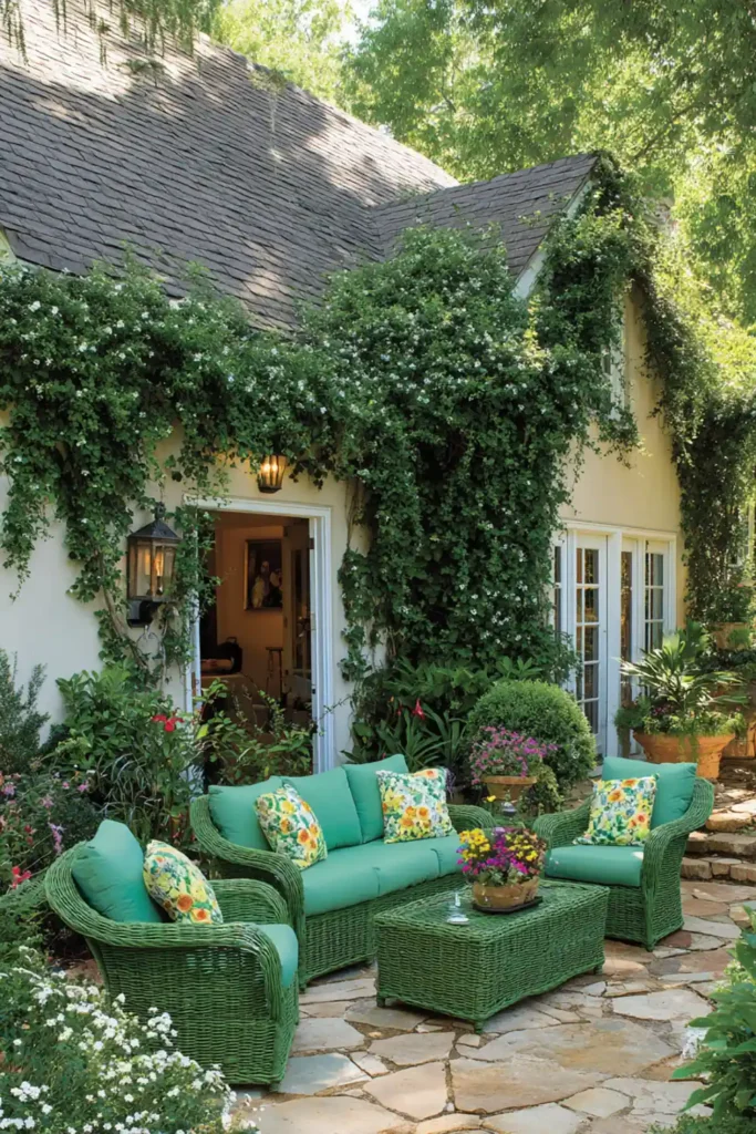 backyard outdoor living space with patio chairs and trellis greenery