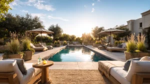 Resort-style backyard pool lounge decor with teak chaise loungers and umbrellas beside a swimming pool