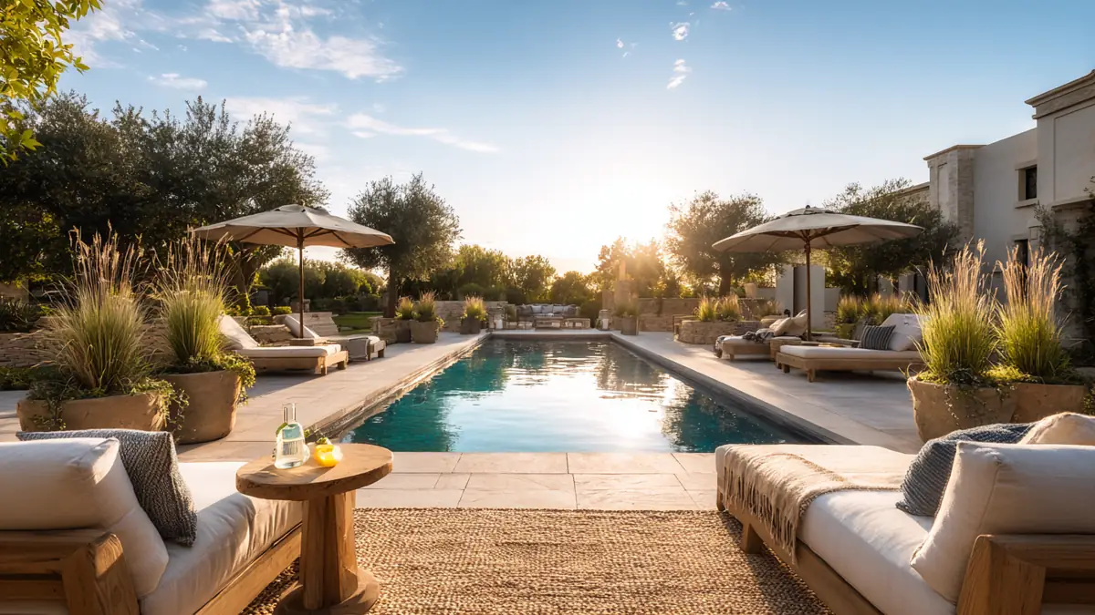 Stunning Backyard Pool Lounge Decor Ideas 1 Resort-style backyard pool lounge decor with teak chaise loungers and umbrellas beside a swimming pool