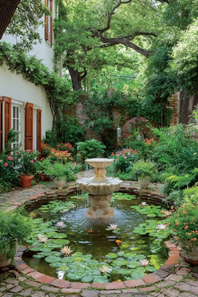 backyard fountain surrounded by water lilies and garden plants