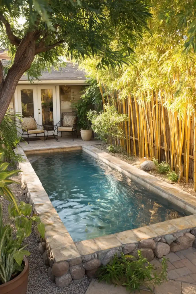 Above Ground Pool Retaining Wall Ideas That Make Your Backyard Feel Finished 11 Above ground pool retaining wall with tall bamboo privacy panels creating a backyard privacy screen
