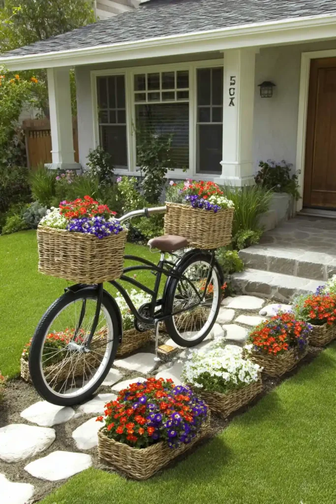 vintage bicycle used as a flower planter in a front yard