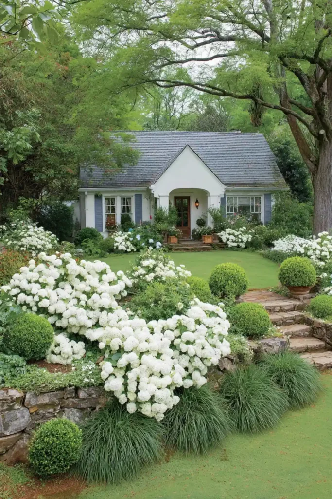 front yard with large blooming viburnum shrubs creating a focal point in the garden