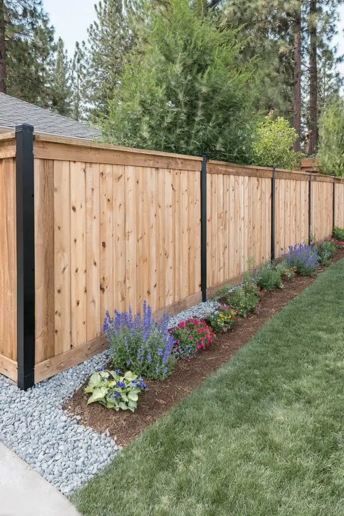 33 Privacy Fence Ideas That Make Your Yard Feel More Peaceful 6 Backyard with board-on-board cedar privacy fence and flower bed along the fence line